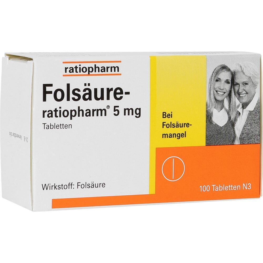 Eine Packung Tabletten gegen Folsäuremangel von ratiopharm.