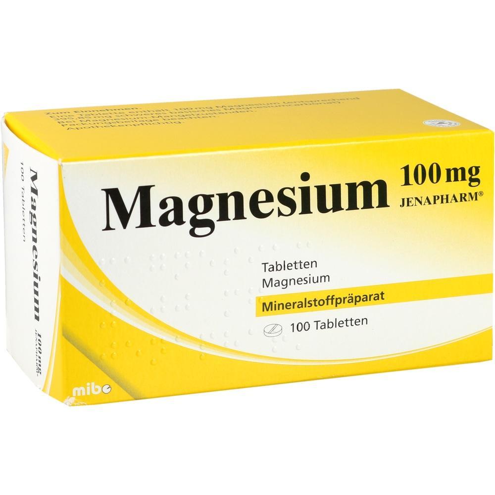 Gelbe Packung mit Magnesiumtabletten, 100 mg, 100 St&uuml;ck.