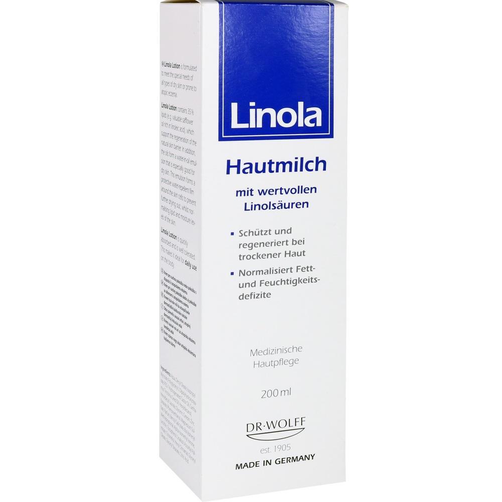 Weiße Verpackung von Linola Hautmilch mit blauer Schrift für trockene Hautpflege.