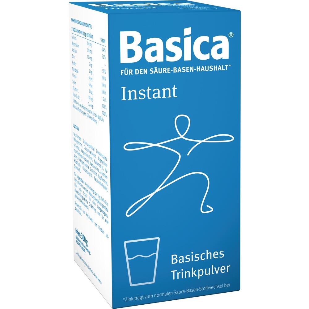 Eine blaue Packung mit basischem Getränkepulver namens Basica.