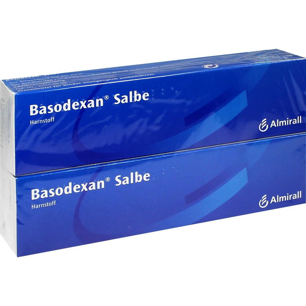 Zwei blaue Packungen mit der Aufschrift "Basodexan Salbe" stehen übereinander.