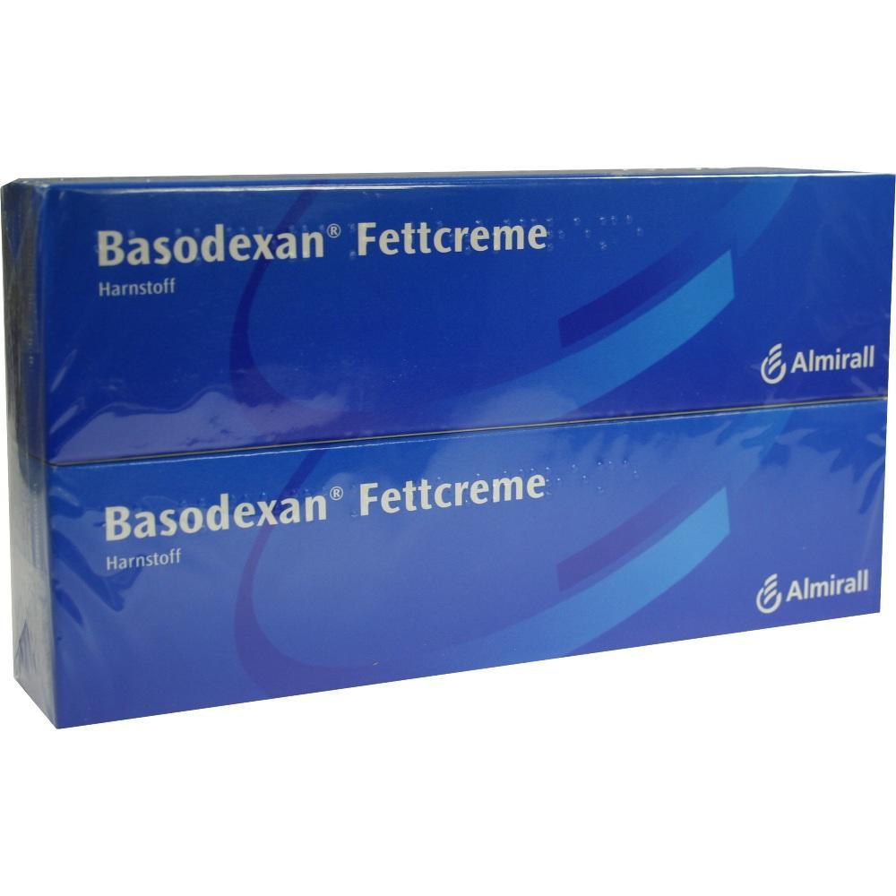 Zwei blaue Packungen mit der Aufschrift "Basodexan Fettcreme".
