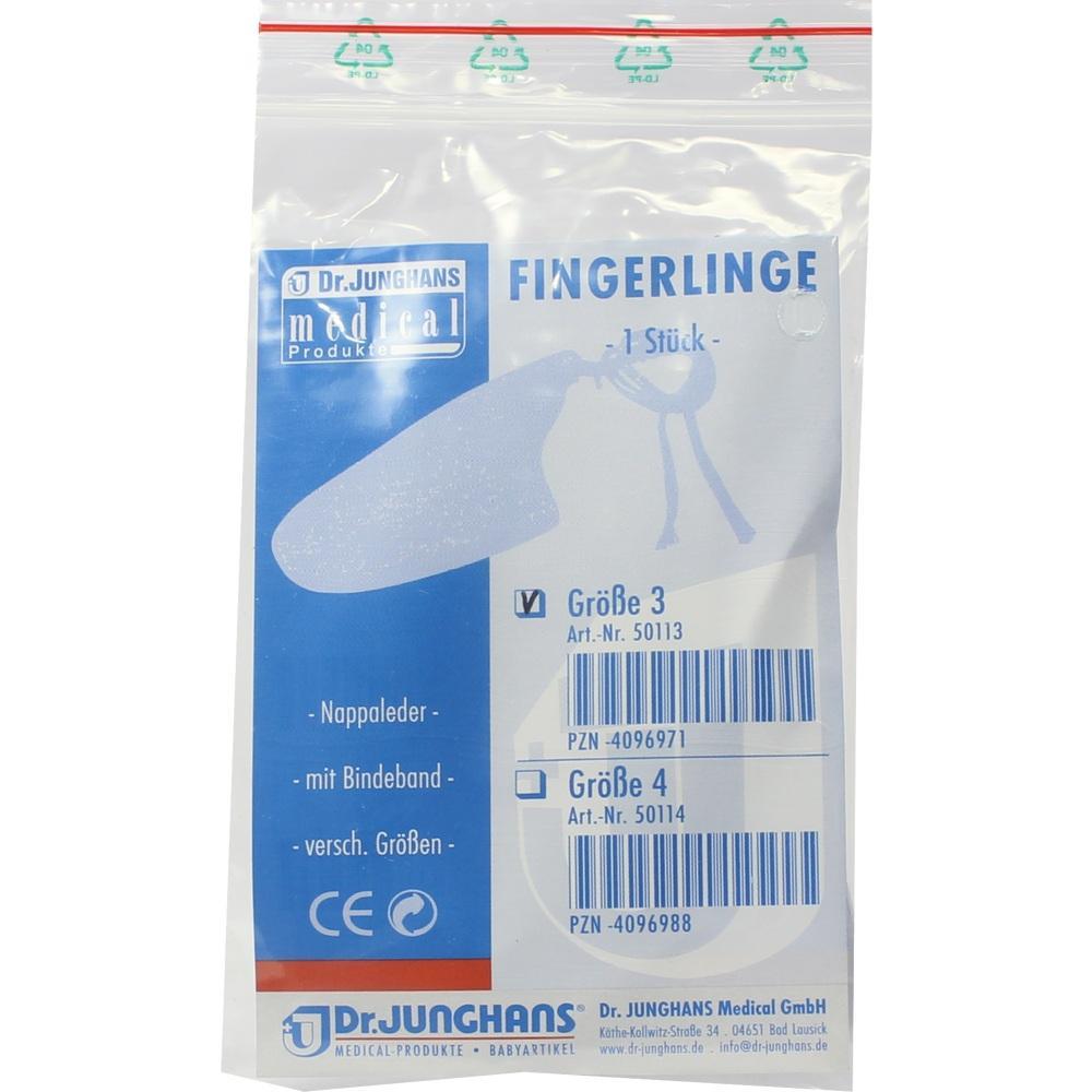 Verpackung mit Fingerling aus Leder von Dr. Junghans in Größe 3 oder 4.