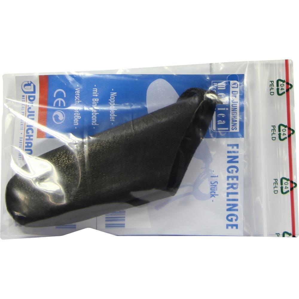 Ein schwarzer Lederfingerling in einer durchsichtigen Verpackung.