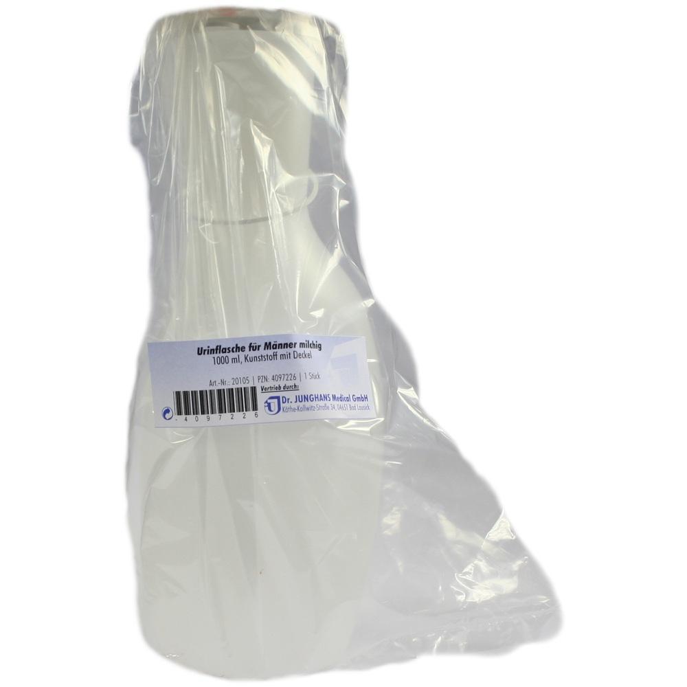 Eine weiße Urinflasche aus Kunststoff für Männer ist verpackt.