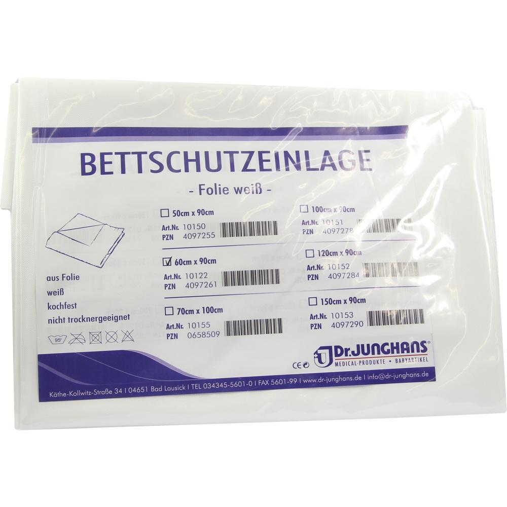 Verpackung für eine weiße Bettschutzfolie mit Größenangaben.