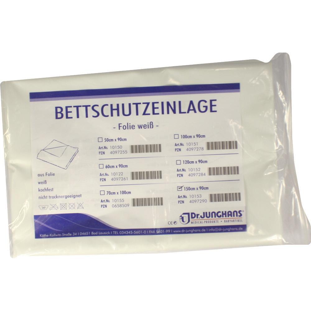 Verpackung einer weißen Bettschutzauflage aus Folie mit Größenangaben.