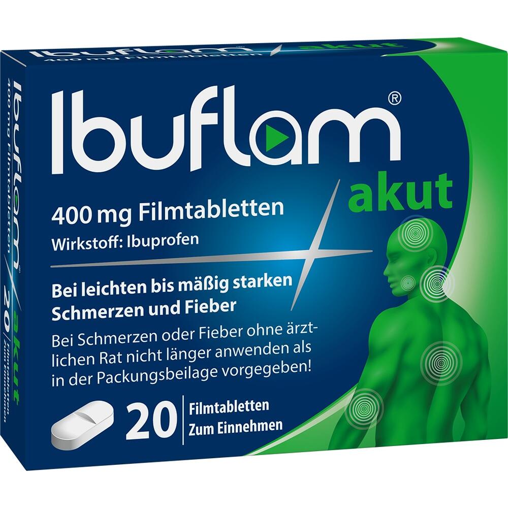 Grüne Medikamentenschachtel mit Ibuprofen-Tabletten gegen Schmerzen und Fieber.