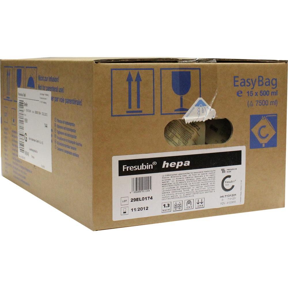 Brauner Karton mit der Aufschrift "Fresubin hepa" und blauen Symbolen.