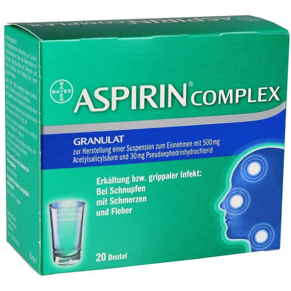 Grüne Verpackung von Aspirin Complex, ein Medikament gegen Erkältung und Schmerzen.