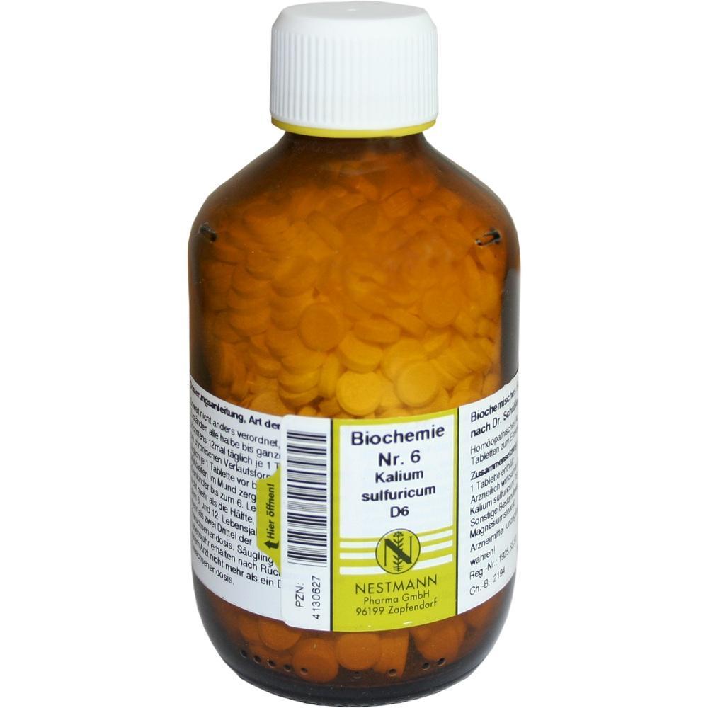 Braunes Glas mit gelben Tabletten, beschriftet mit "Biochemie Nr. 6 Kalium sulfuricum D6".