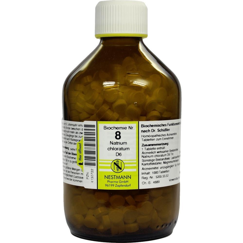 Braune Flasche mit wei&szlig;en Tabletten, beschriftet als Biochemie Nr. 8 Natrium chloratum.