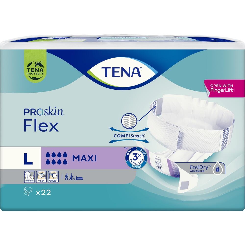 Verpackung von TENA ProSkin Flex Inkontinenz-Hilfsmittel, Größe L, mit Produktabbildung.