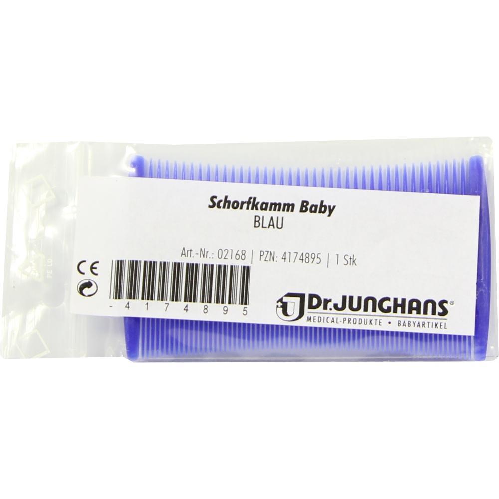 Blauer Babykamm in Verpackung mit Etikett.