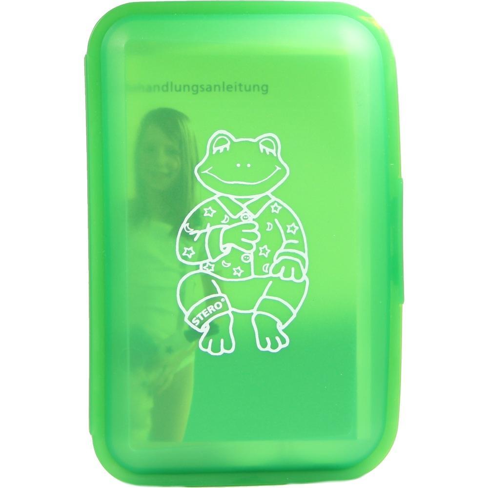 Grüne Box mit einem Frosch in Pyjama auf dem Deckel.