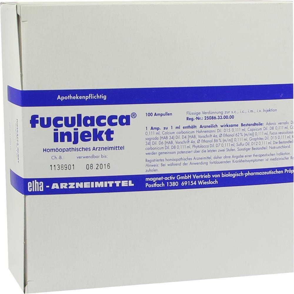 Verpackung eines homöopathischen Arzneimittels namens "fuculacca injekt" mit 100 Ampullen.