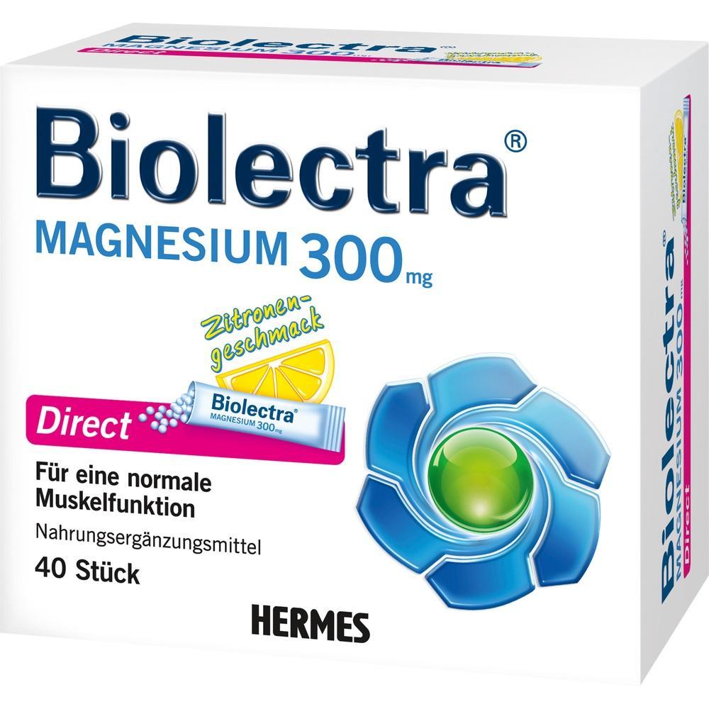 Verpackung von Biolectra Magnesium 300 mg mit Zitronengeschmack für normale Muskelfunktion.