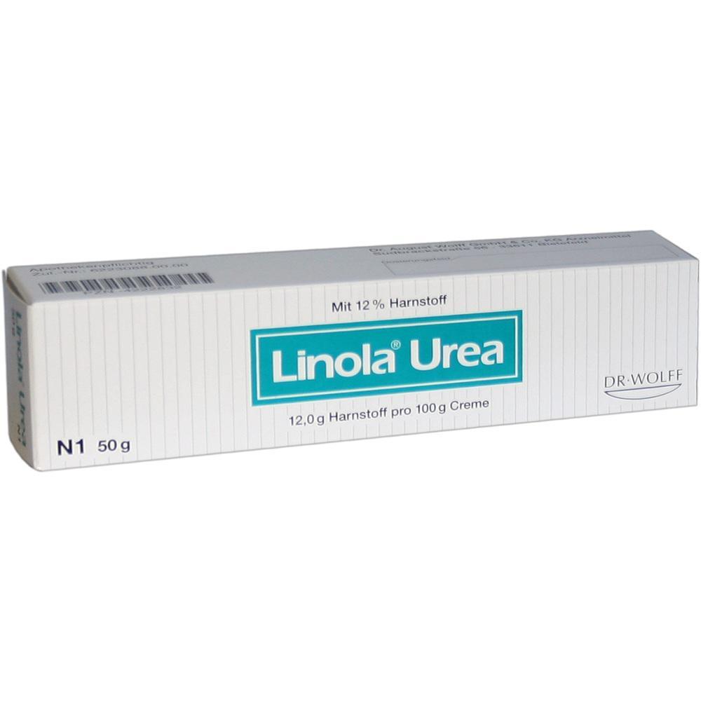 Weiße Schachtel mit der Aufschrift "Linola Urea", eine Creme mit Harnstoff.