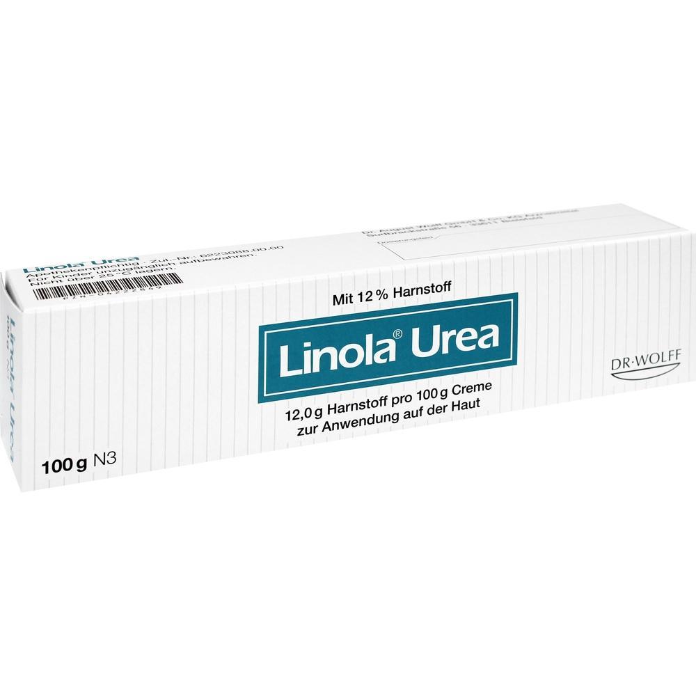 Eine weiße Creme-Verpackung mit der Aufschrift "Linola Urea".