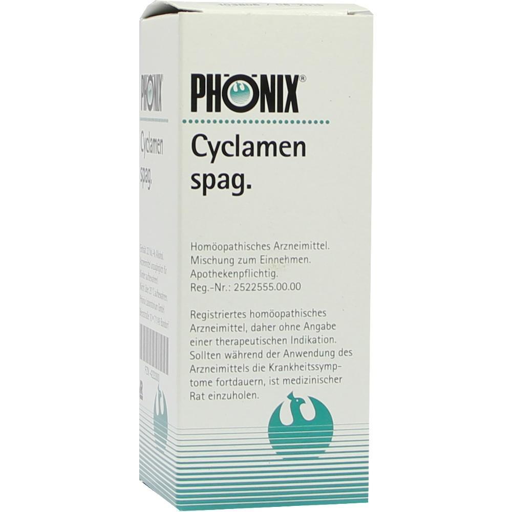 Wei&szlig;e Arzneimittelverpackung mit der Aufschrift "PH&Ouml;NIX Cyclamen spag.".