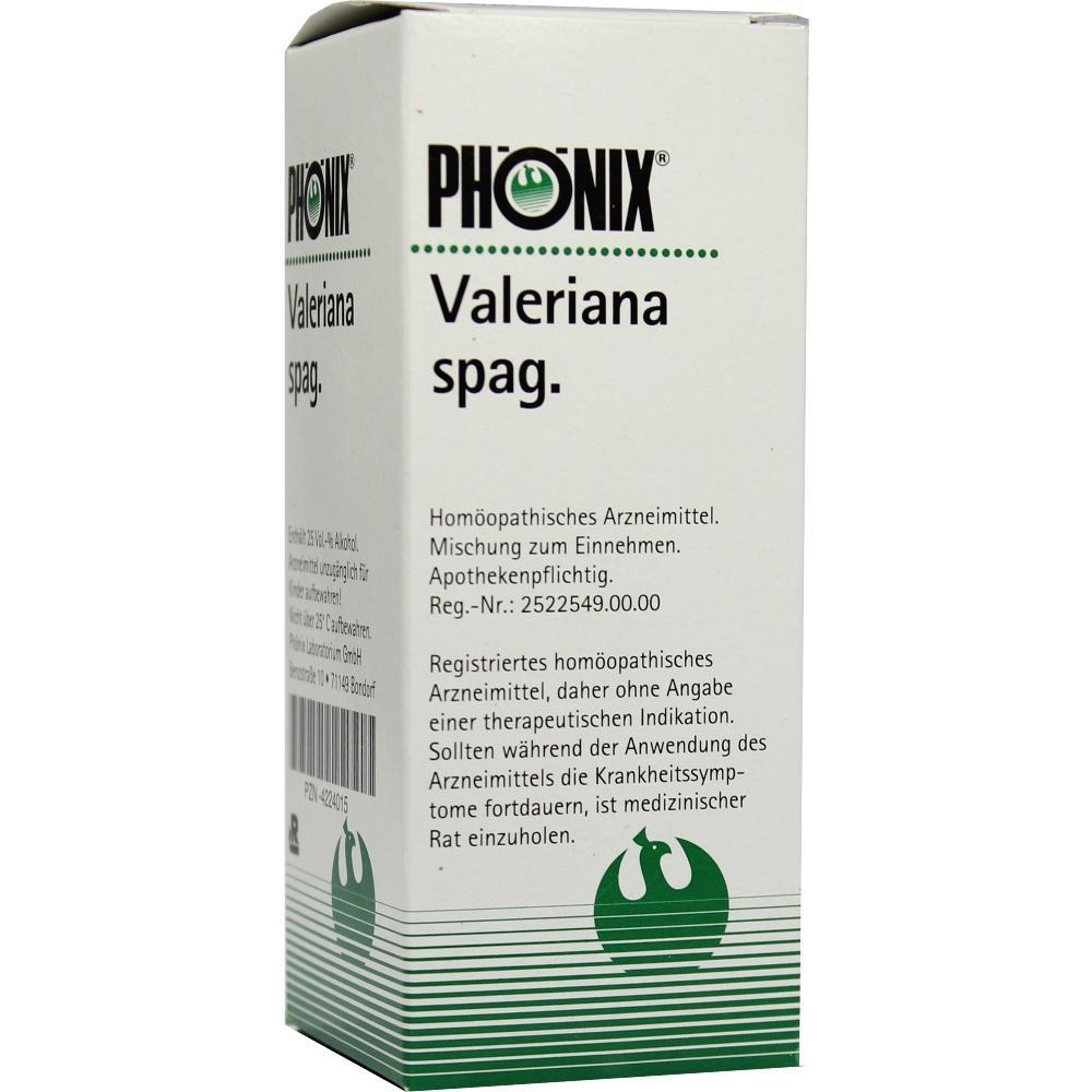Wei&szlig;e Verpackung einer hom&ouml;opathischen Arznei namens "Ph&ouml;nix Valeriana spag.".