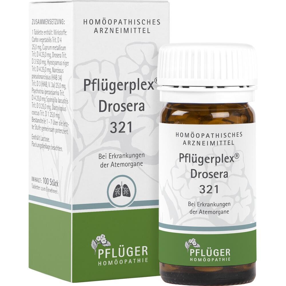 Braunes Glasfläschchen und Packung mit Aufschrift "Pflüger Homöopathie Drosera 321".