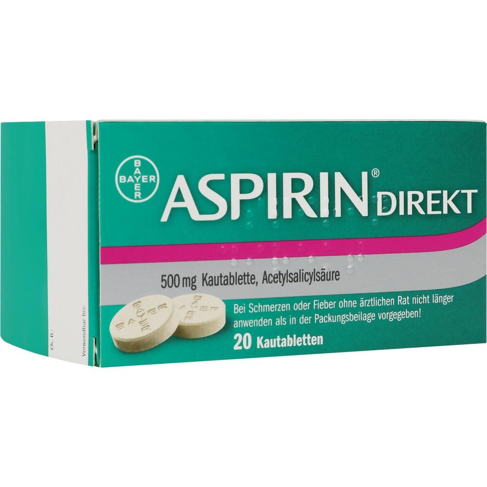 Grüne Packung mit der Aufschrift "Aspirin Direkt", enthält 20 Kautabletten.