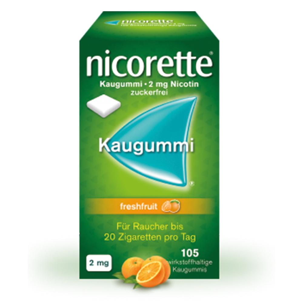 Gr&uuml;ne Verpackung von zuckerfreiem Nicorette-Kaugummi, 2 mg, freshfruit-Geschmack.