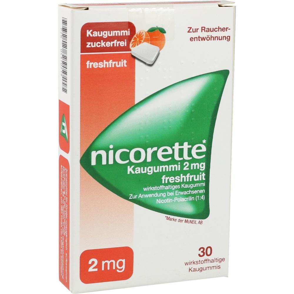 Wei&szlig;e Packung Nicorette-Kaugummi gegen Rauchen mit Fruchtgeschmack.