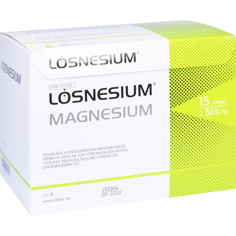 Eine wei&szlig;e und gr&uuml;ne Verpackung von L&ouml;snesium Magnesium ohne Zucker.