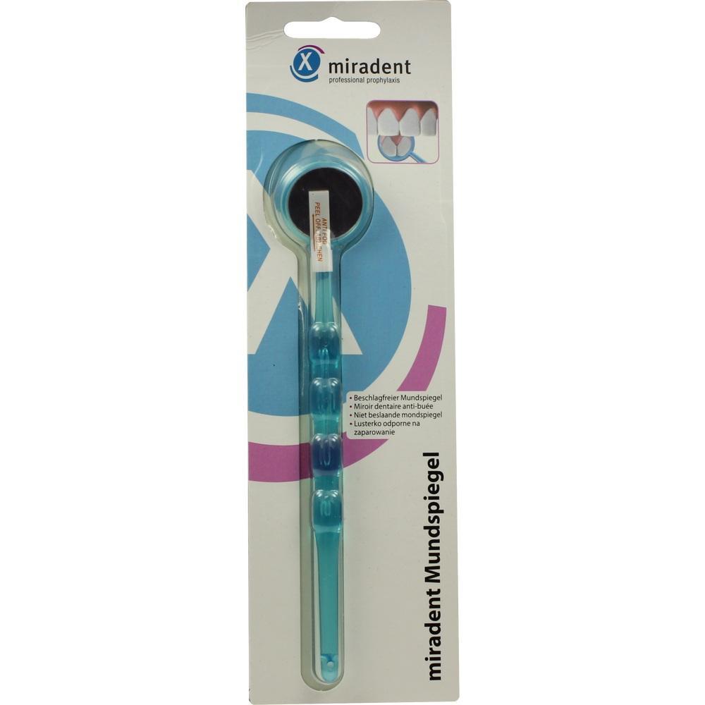 Verpackter Mundspiegel mit blauem Griff auf weißem Hintergrund.