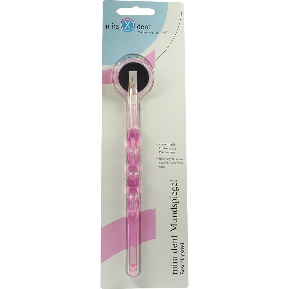 Ein rosa Mundspiegel in einer Verpackung mit blauem und weißem Hintergrund.