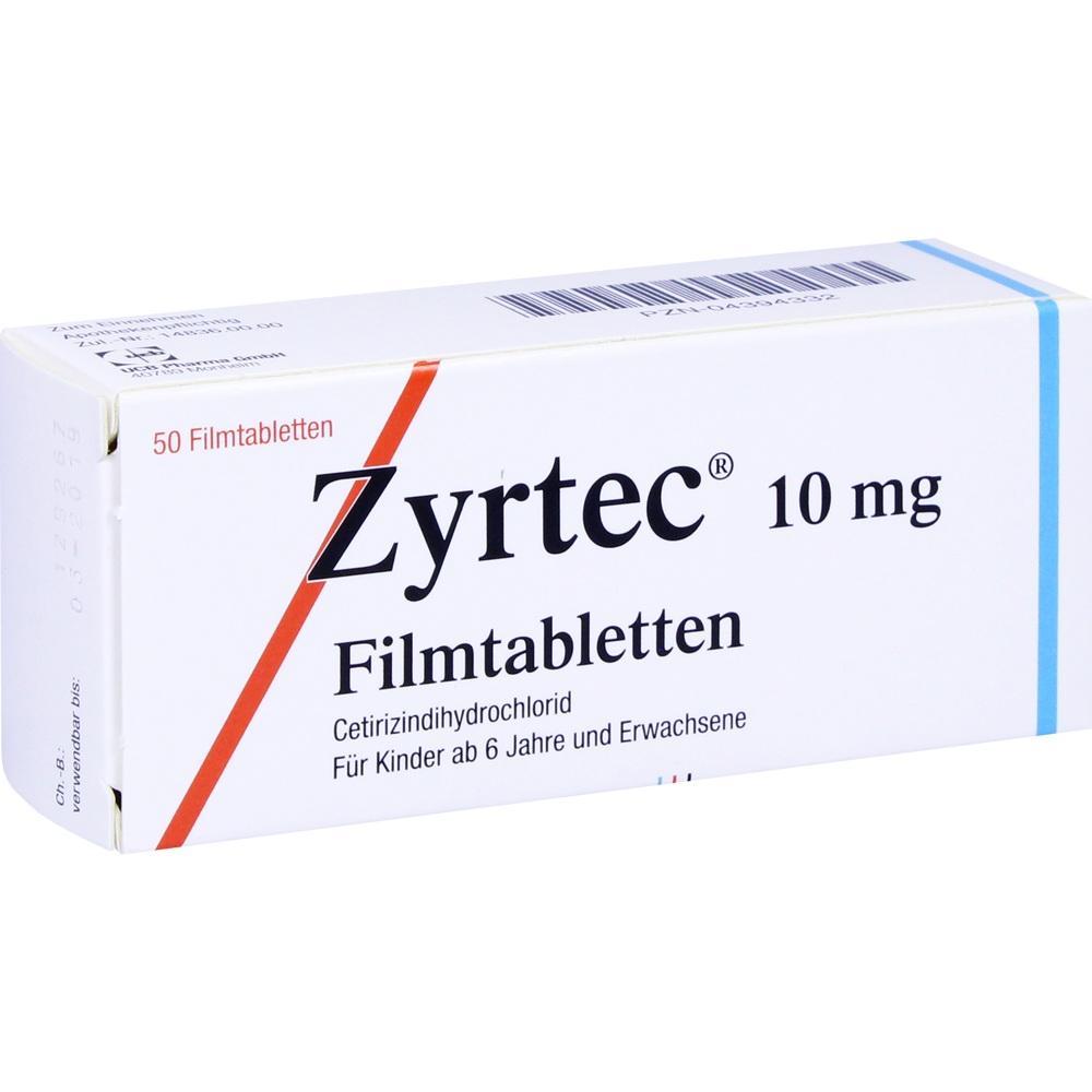 Weiße Zyrtec-Packung mit 50 Filmtabletten für Allergien.
