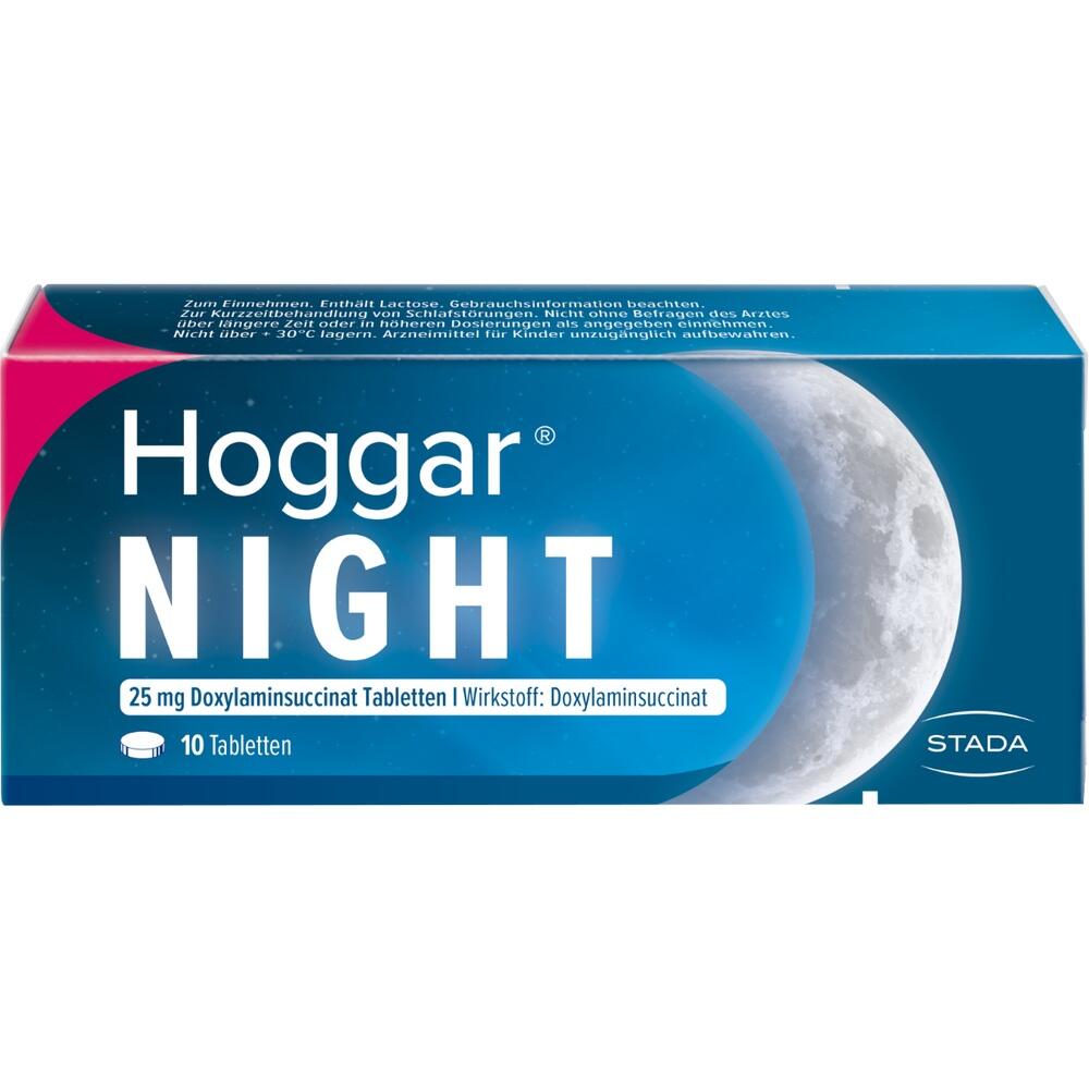 Blaue Packung von Schlaftabletten mit Mondbild und Aufschrift "Hoggar Night".