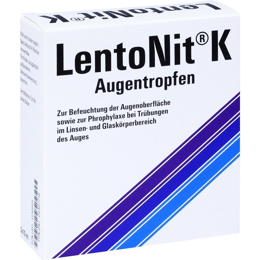 Eine weiße Packung mit blauen Streifen zeigt "LentoNit K Augentropfen".