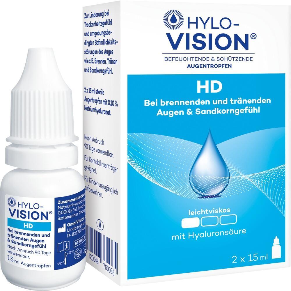 Verpackung und Flasche von Hylo-Vision Augentropfen für trockene Augen.