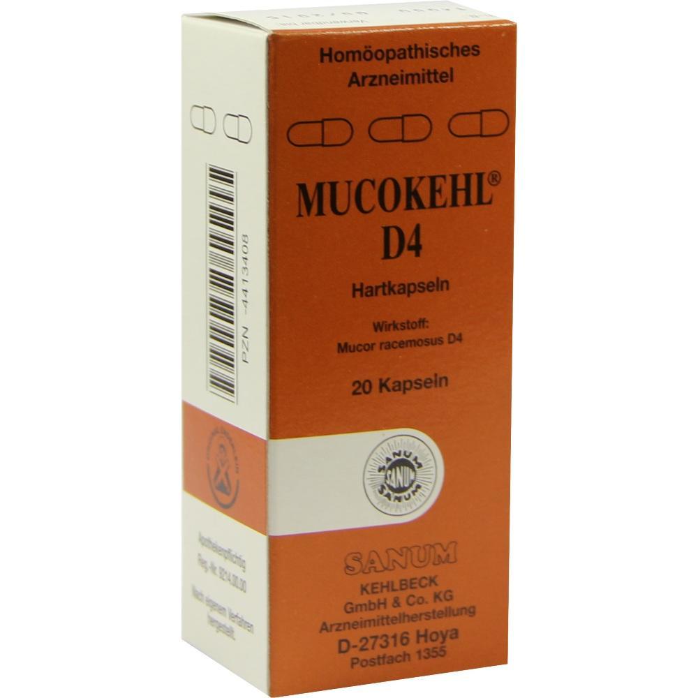 Eine orange Verpackung von Mucokehl D4 mit 20 Hartkapseln.