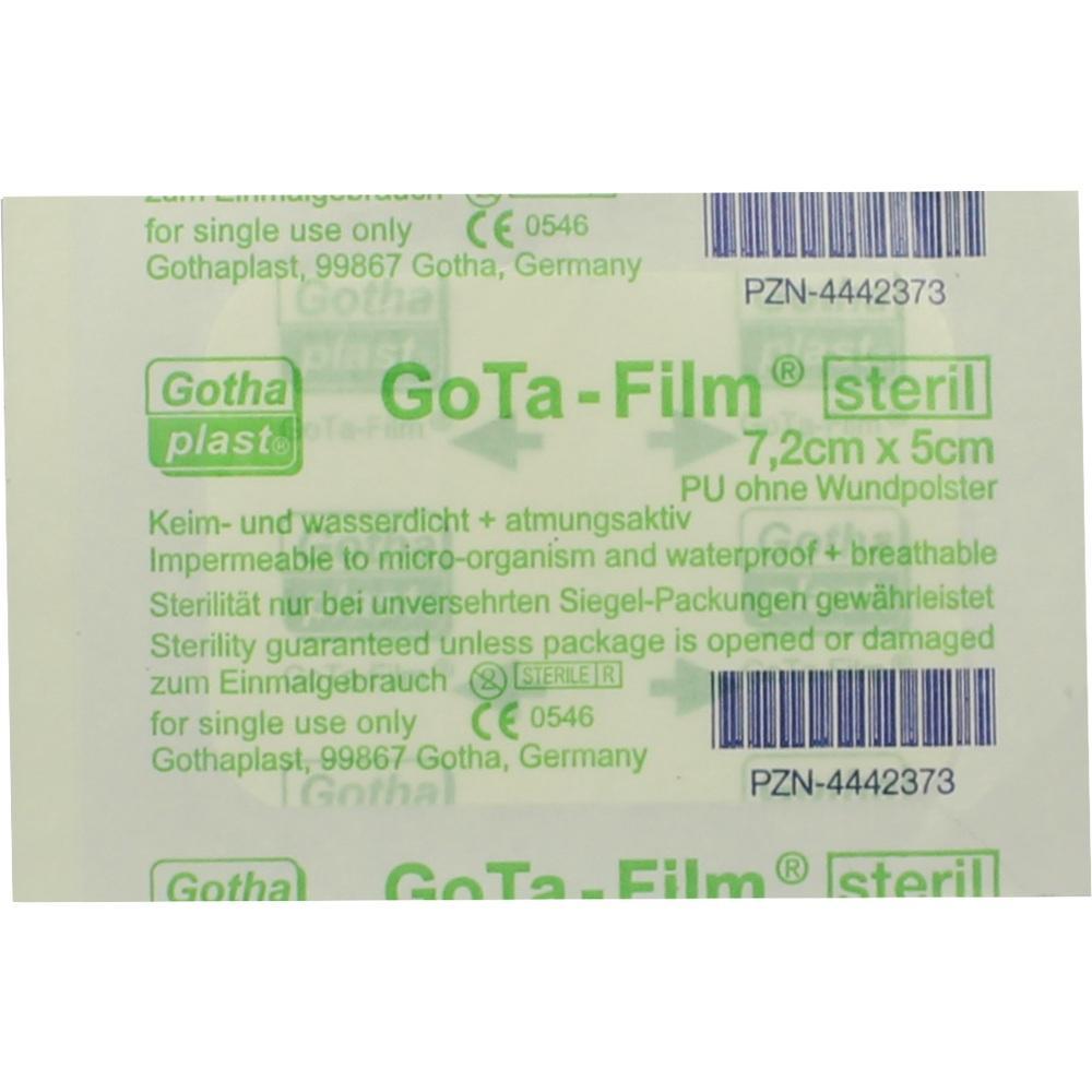 Verpackung eines sterilen Pflasters der Marke Gothaplast, 7,2 cm x 5 cm.