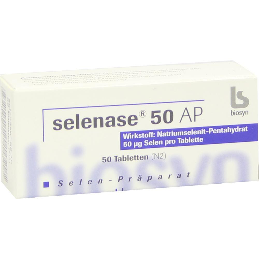 Schachtel mit 50 Selen-Tabletten von Selenase 50 AP.