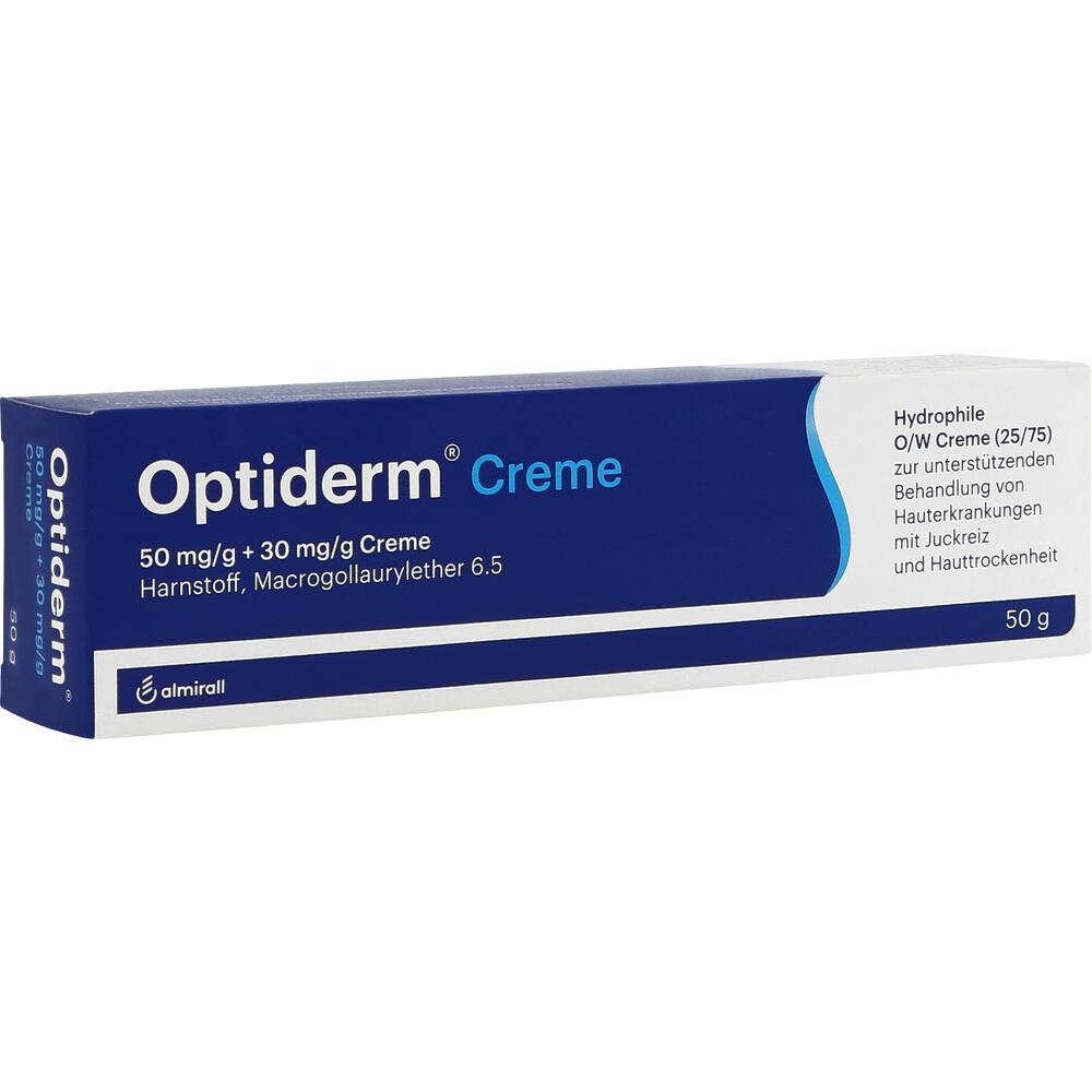 Blaue Verpackung von Optiderm Creme gegen Juckreiz und trockene Haut.