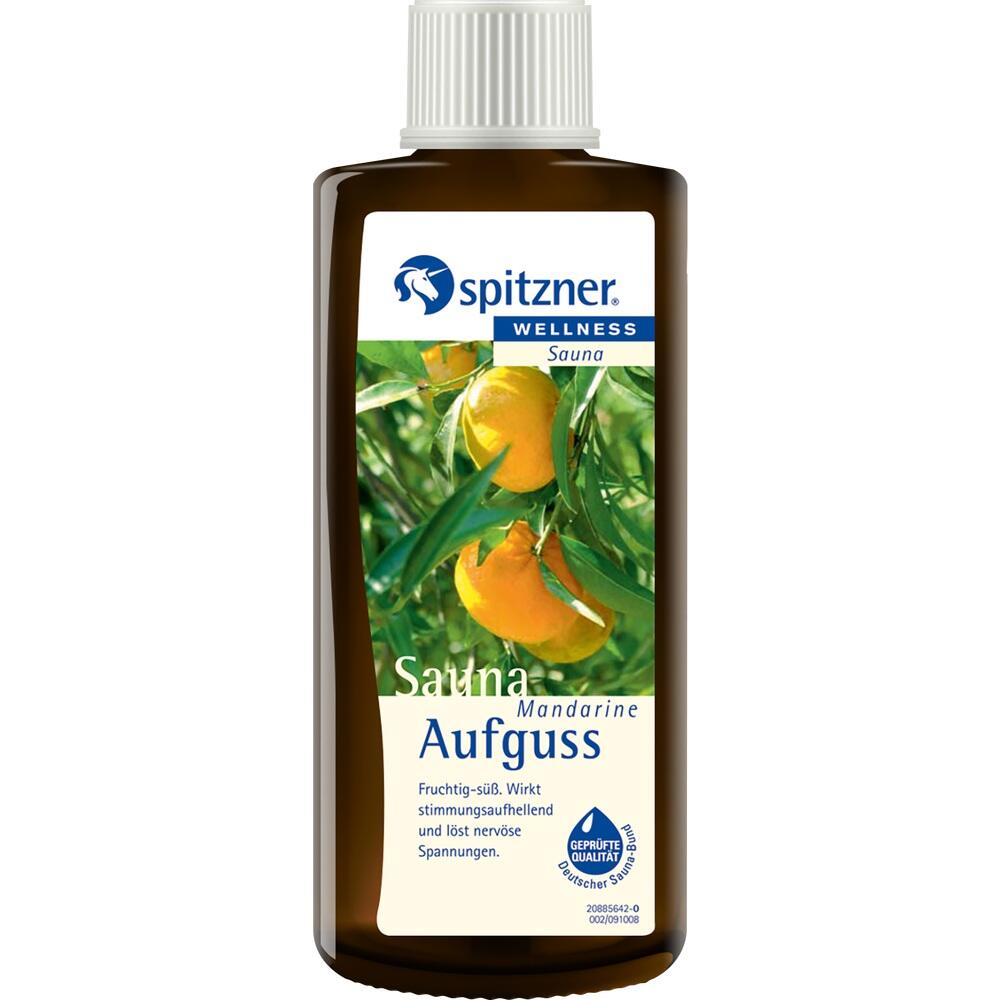 Braune Flasche mit einer Abbildung von Mandarinen und dem Text "Sauna Mandarine Aufguss".