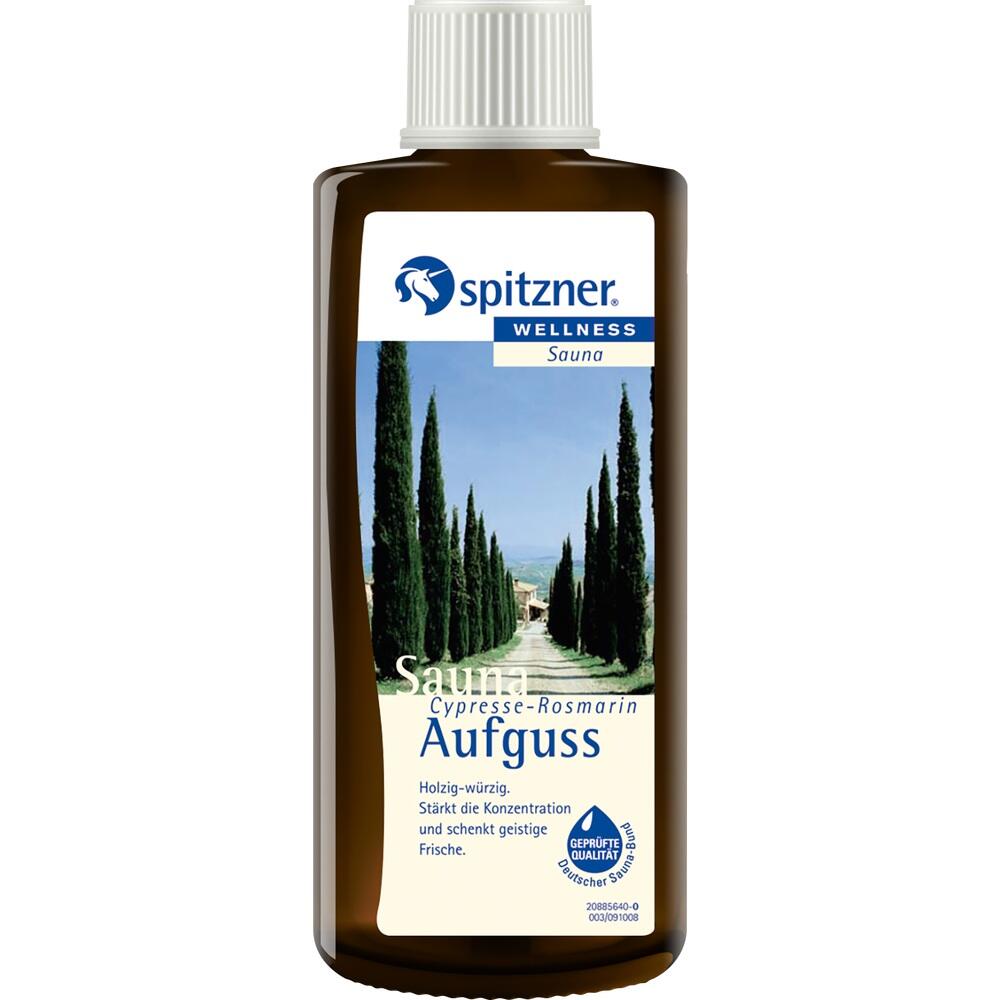 Braune Flasche mit Saunaaufguss in der Duftnote Zypresse-Rosmarin.
