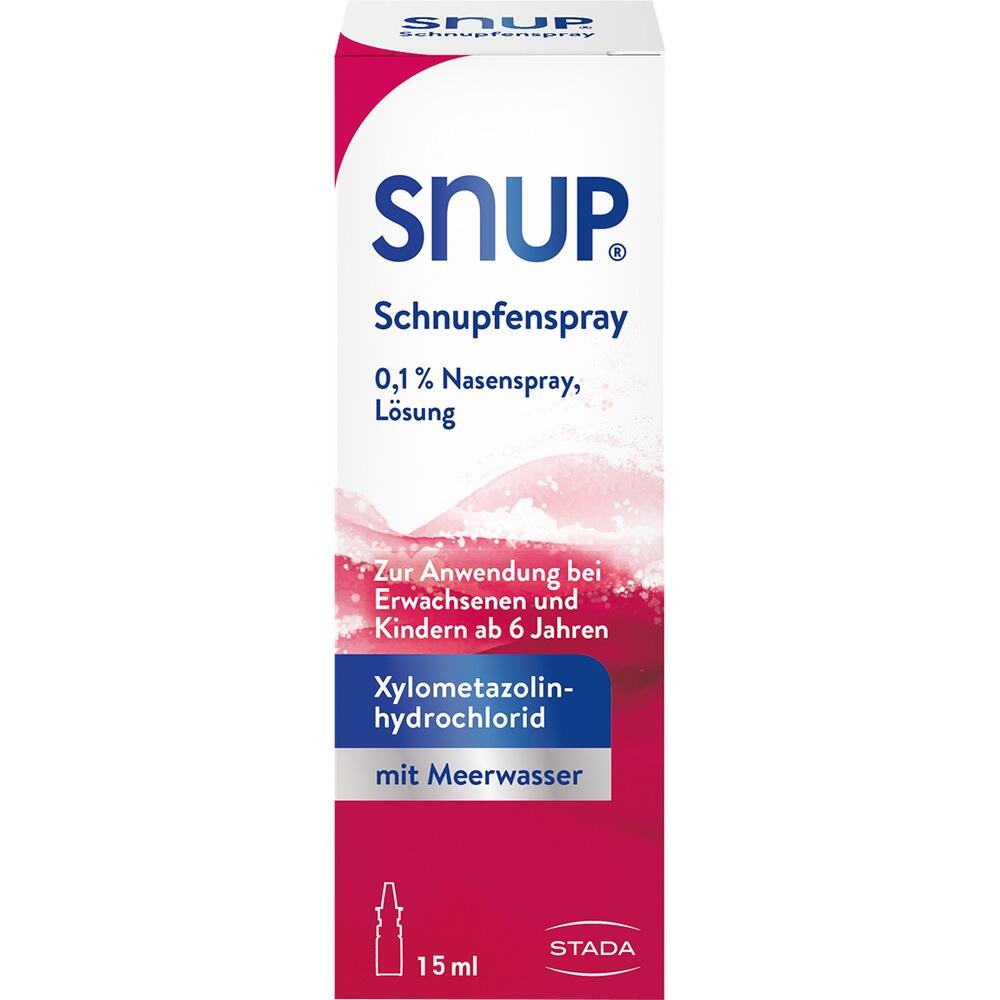 Dies ist eine Packung Schnupfenspray mit der Aufschrift "SNUP 0,1%".