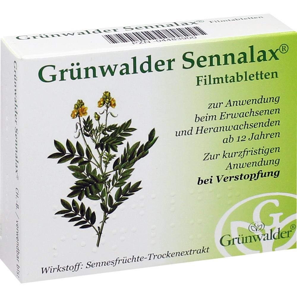 Eine Packung Grünwalder Sennalax Tabletten gegen Verstopfung mit Pflanzenbild.
