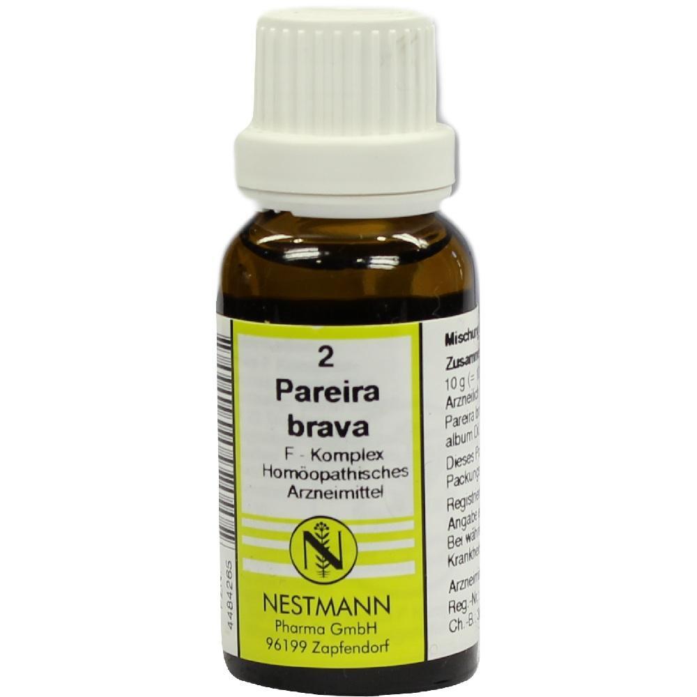 Braune Flasche mit wei&szlig;em Verschluss, darauf steht "Pareira brava" von Nestmann Pharma.
