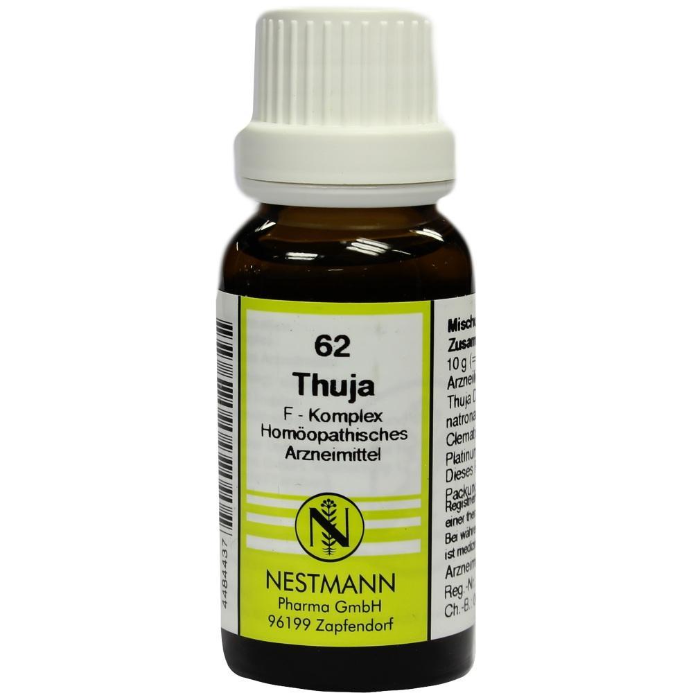 Braunes Fl&auml;schchen mit wei&szlig;em Deckel und Etikett "Thuja 62".