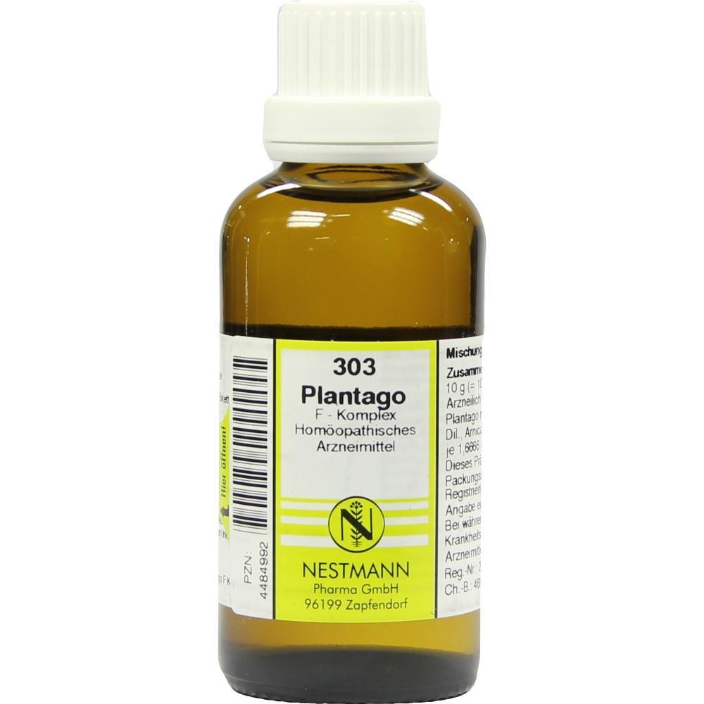 Braunes Fl&auml;schchen mit wei&szlig;em Deckel und Etikett mit der Aufschrift "Plantago 303".