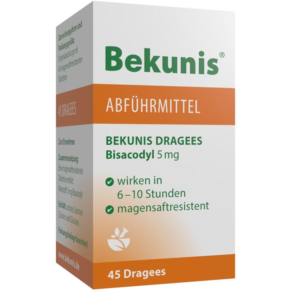 Verpackung eines Abführmittels namens Bekunis mit 45 Dragees.