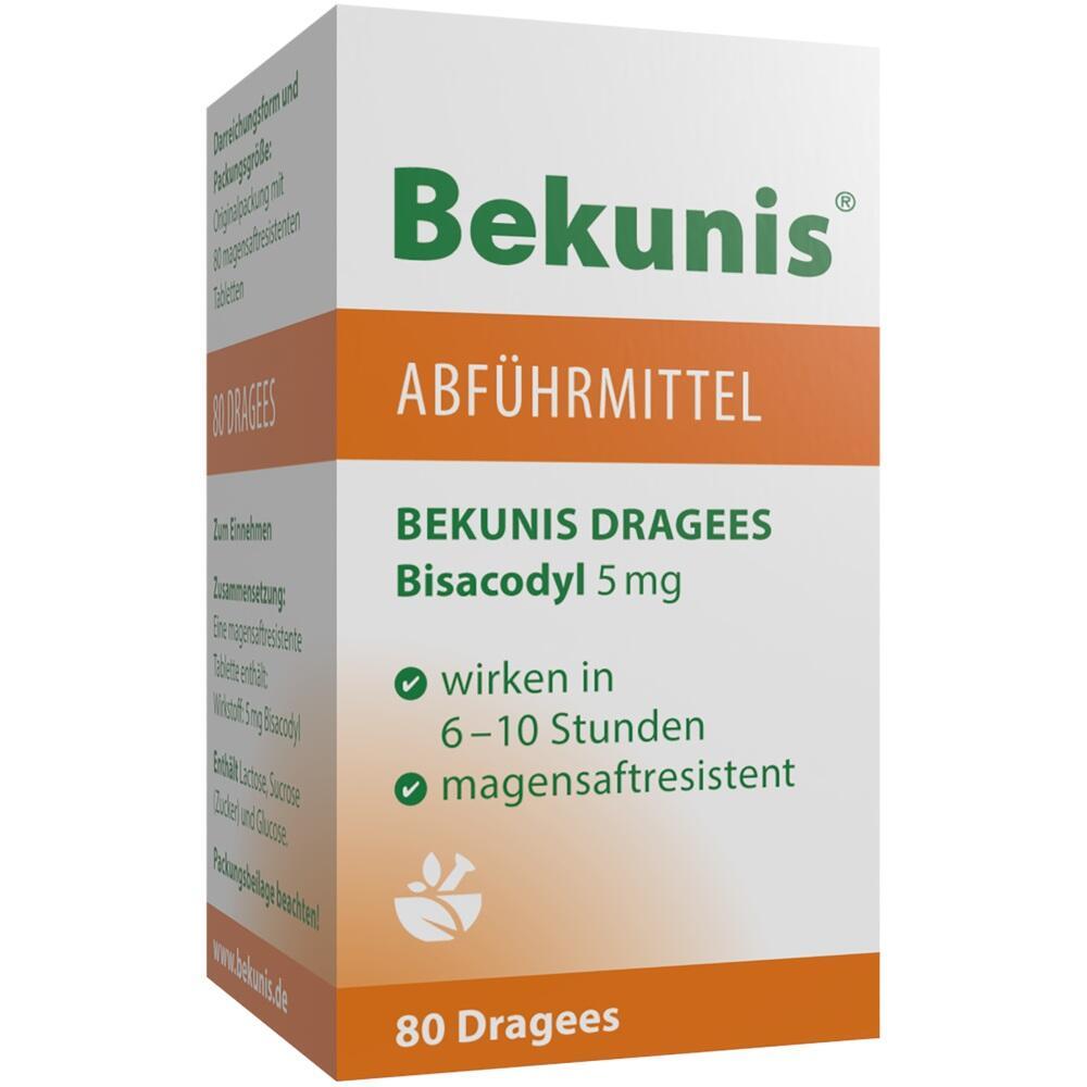 Eine Packung Bekunis Abführmittel mit 80 Dragees, wirkt in 6-10 Stunden.