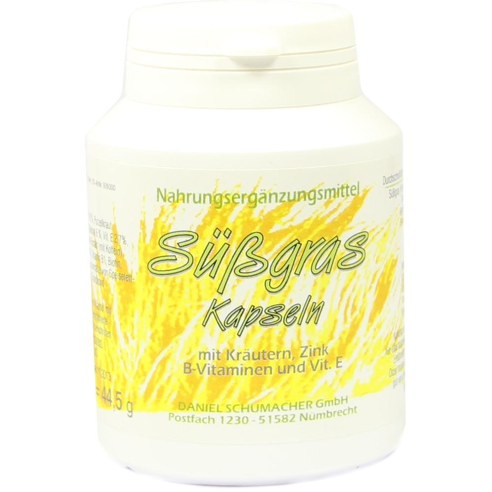 Wei&szlig;e Dose mit der Aufschrift "S&uuml;&szlig;gras Kapseln" auf gelbem Hintergrund.